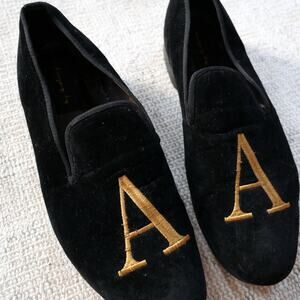 May Anthony | “A” Monogram Loafer Men’s 10.5 Black velvet gold embroidery